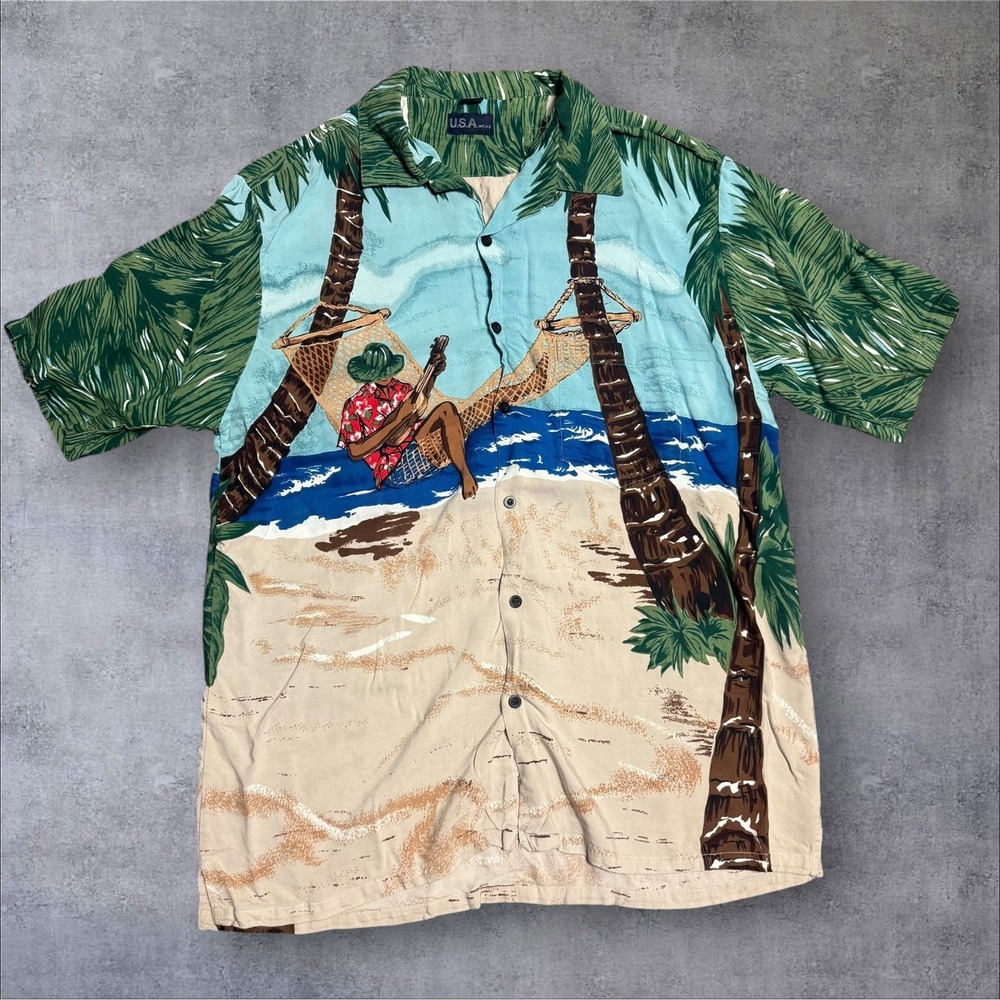 Vintage 1990s USA Wear Loop Collar Beach Hawaiian USA XXL Rayon Shirt Men's - Picture 1 of 8